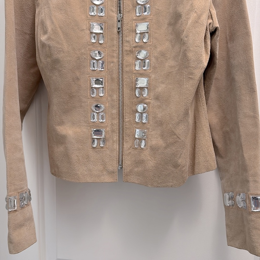 Boston Proper Rhinestone Accented Zip-Up Suede Leather Jacket Size 8 - Picture 5 of 13